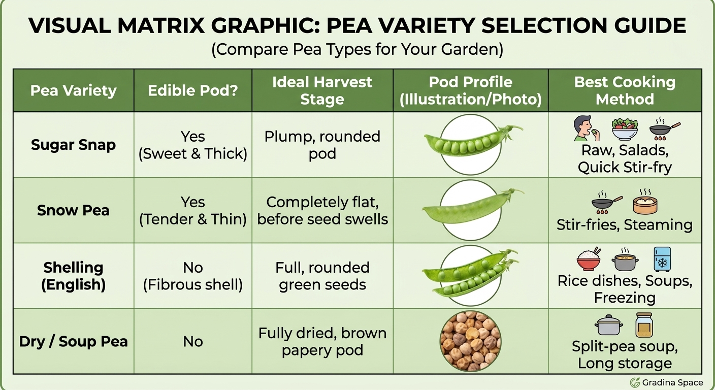 Pea variety selection guide comparing Sugar Snap, Snow Peas, Shelling Peas, and Dry Peas by pod edibility, harvest stage, and cooking method.