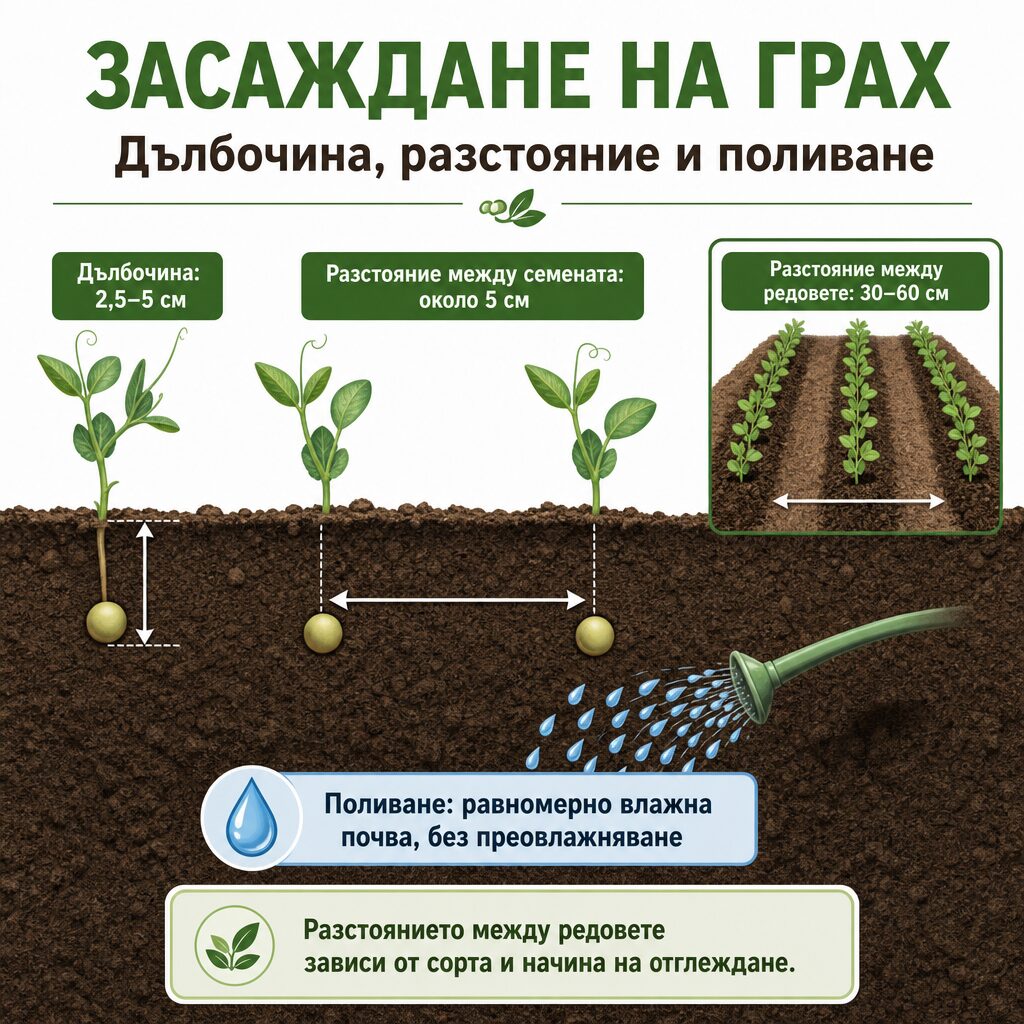 Засаждане на грах: дълбочина 2,5–5 см, разстояние между семената и редовете