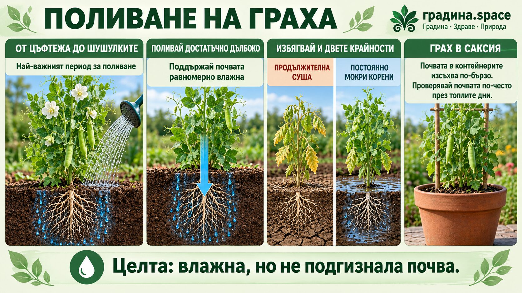 Инфографика за поливане на грах: Кога и колко дълбоко да се полива грахът