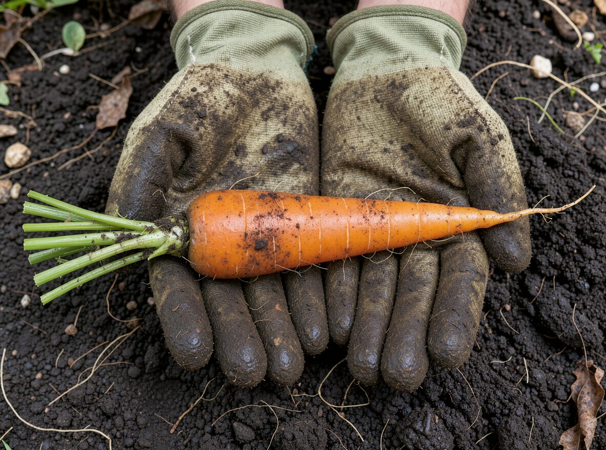 Gloved hands holding a freshly pulled carrot with healthy green tops, showing carrots are ready to harvest