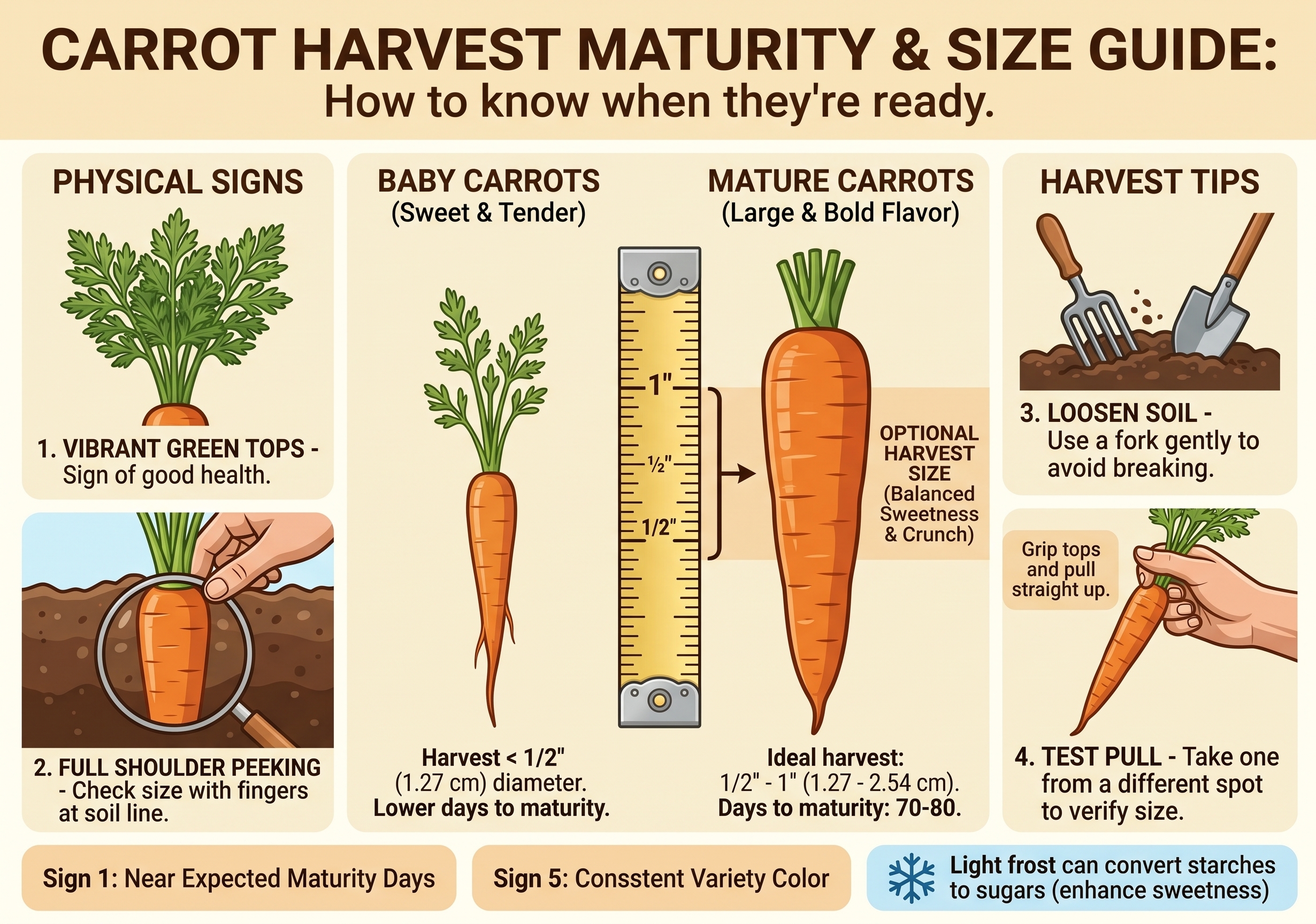 Infographic showing how to harvest carrots without breaking them: loosen soil, pull straight, trim greens